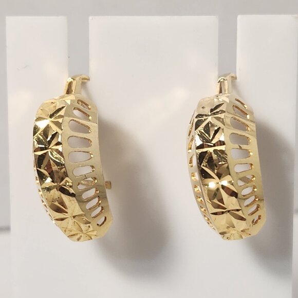 VTG Tested* 14K Solid Gold Geometric Diamond Cut latch Back Stud Earrings Signed - Picture 5 of 16